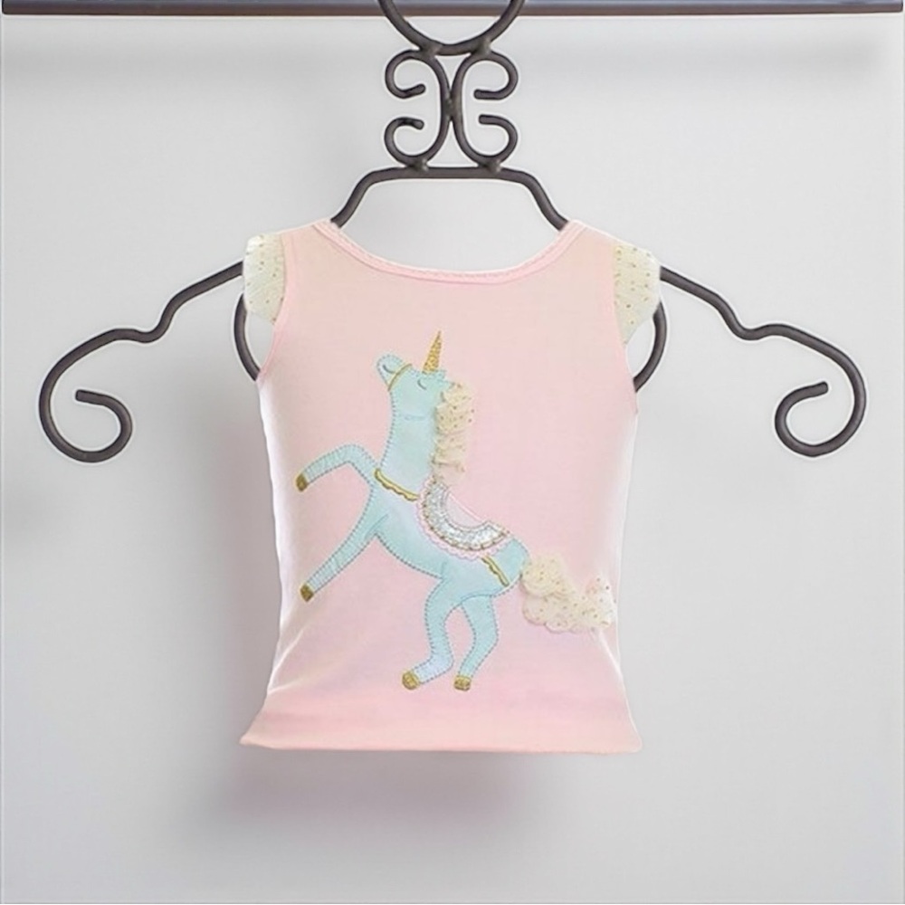 👚2/$10 👗3/$12 Mud Pie Pink Unicorn Flutter Sleeve Top Baby Girls 12-18 Months